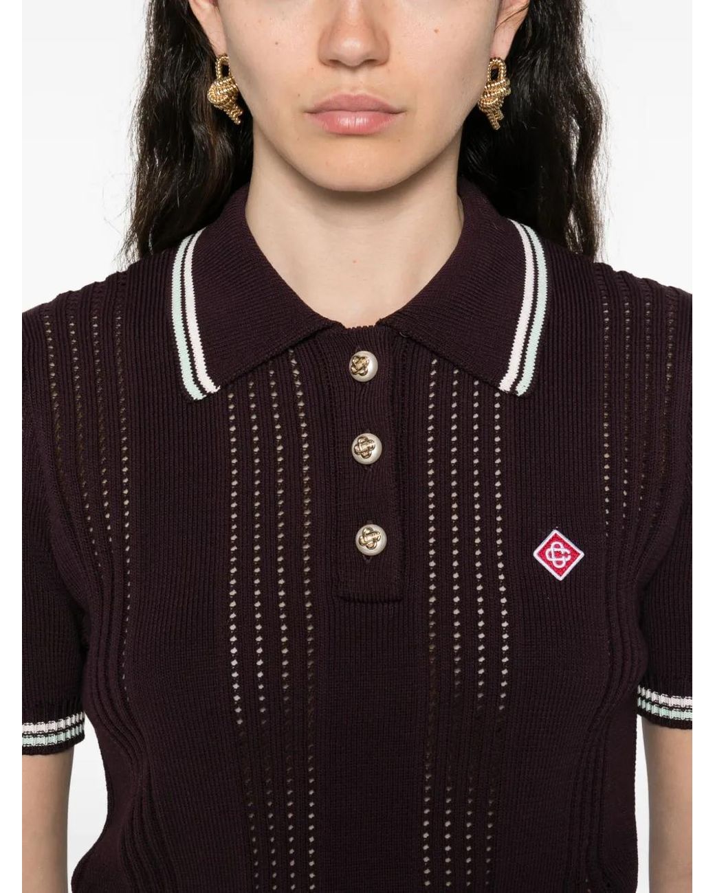 Casablanca Red Short-Sleeved Knit Polo With Vertical Open-Knit Stripes