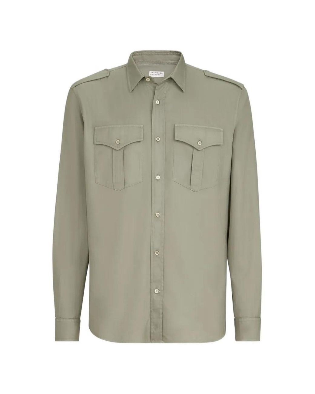 Brunello Cucinelli Green Garment-Dyed Cotton Chevron Shirt With Spread Collar And Epaulettes for men