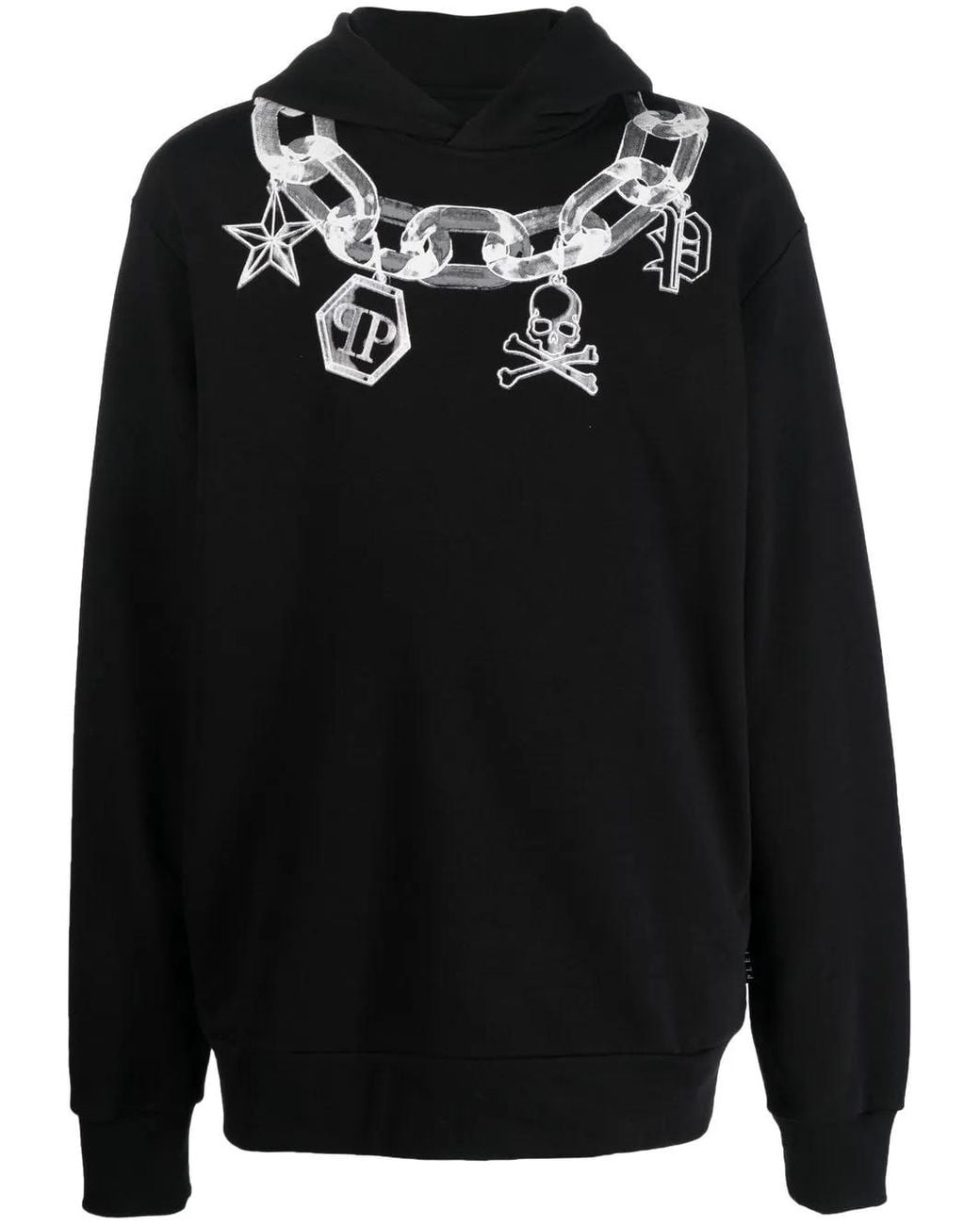 Philipp Plein Black Chain Print Cotton Hoodie for men