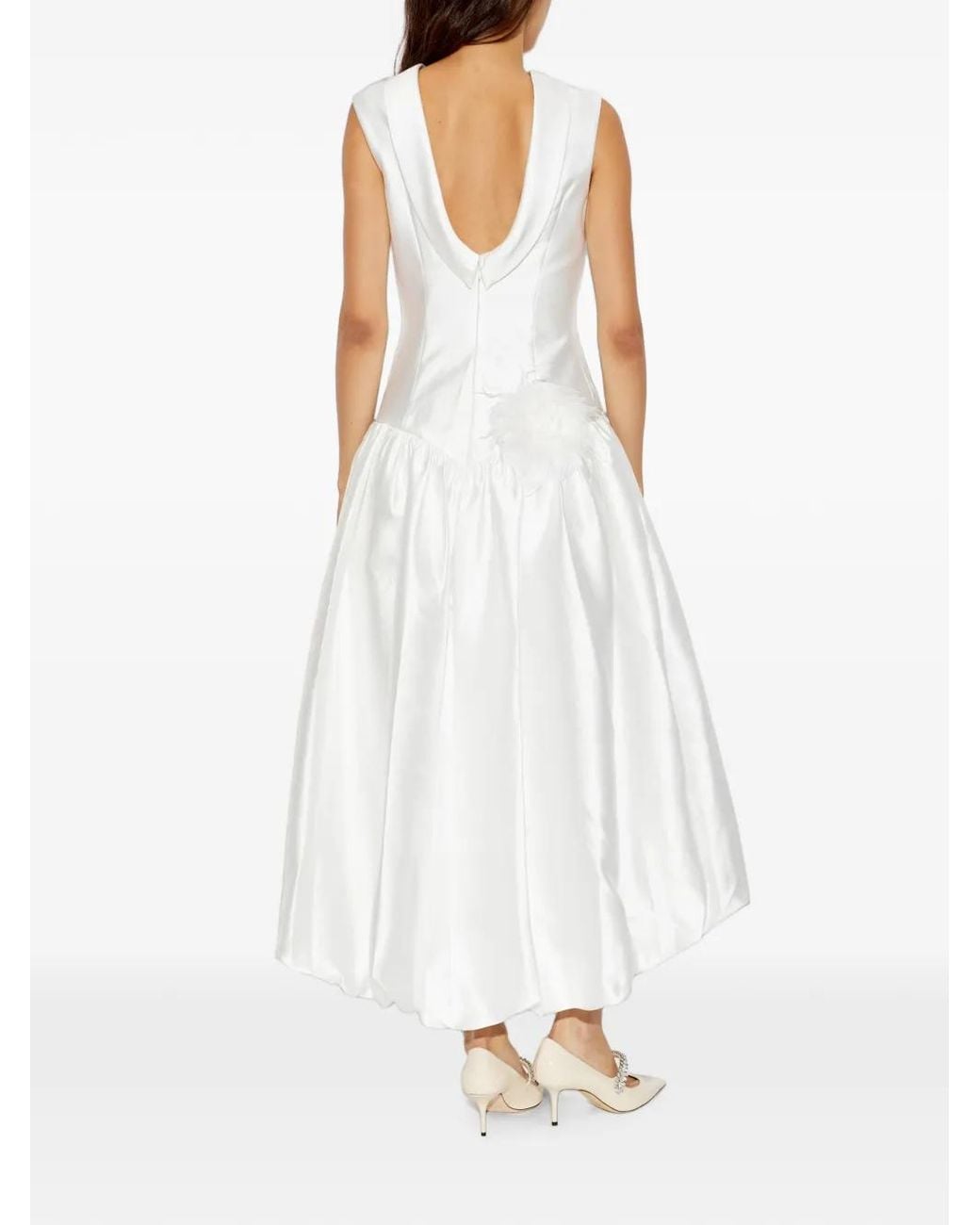 Self-Portrait White Feather-Embellished Satin Midi Dress