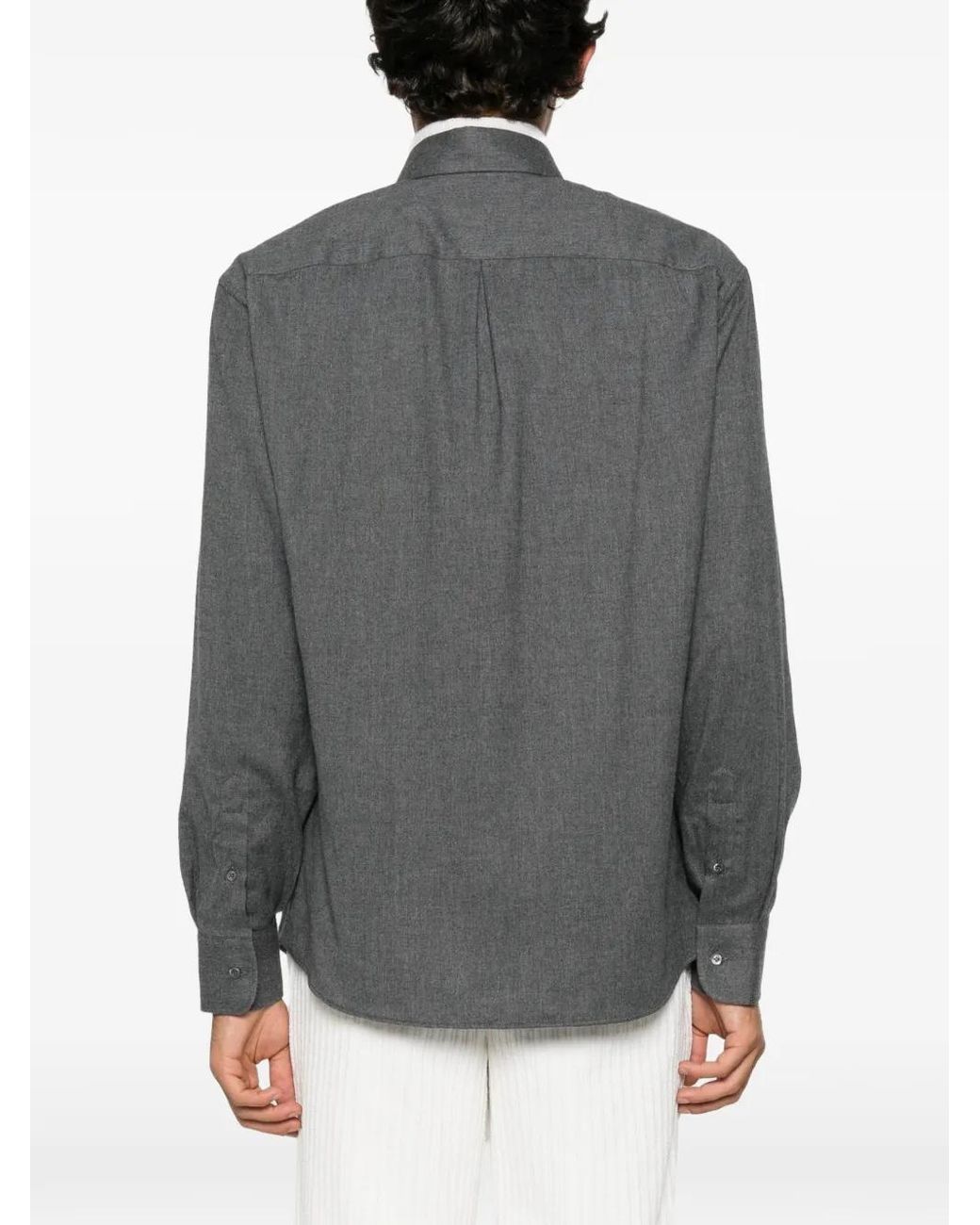 Brunello Cucinelli Gray Herringbone-Pattern Chest-Pocket Shirt for men
