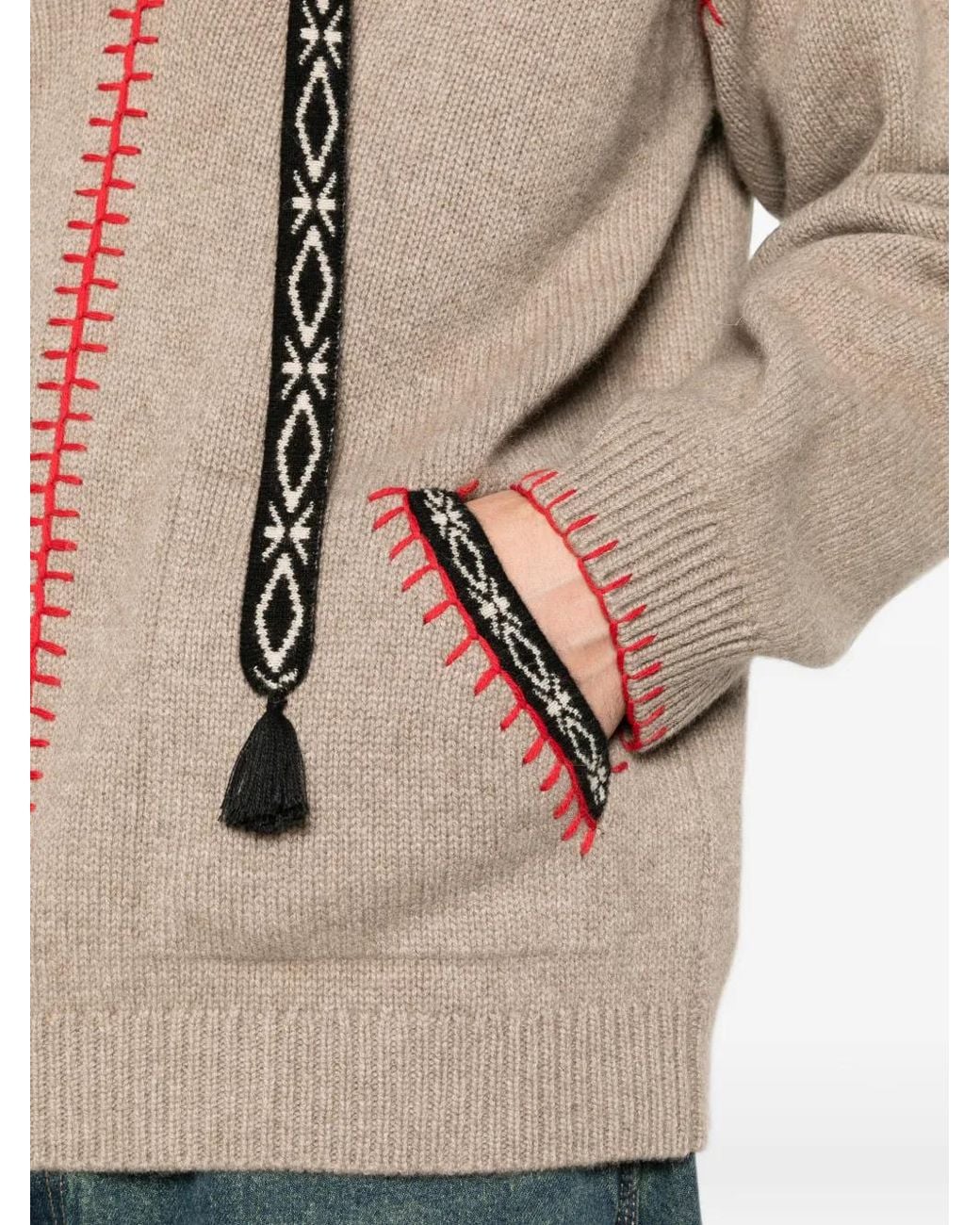 BAZISZT Brown Kafti Embroidered-Stitch Drawstring Hoodie for men