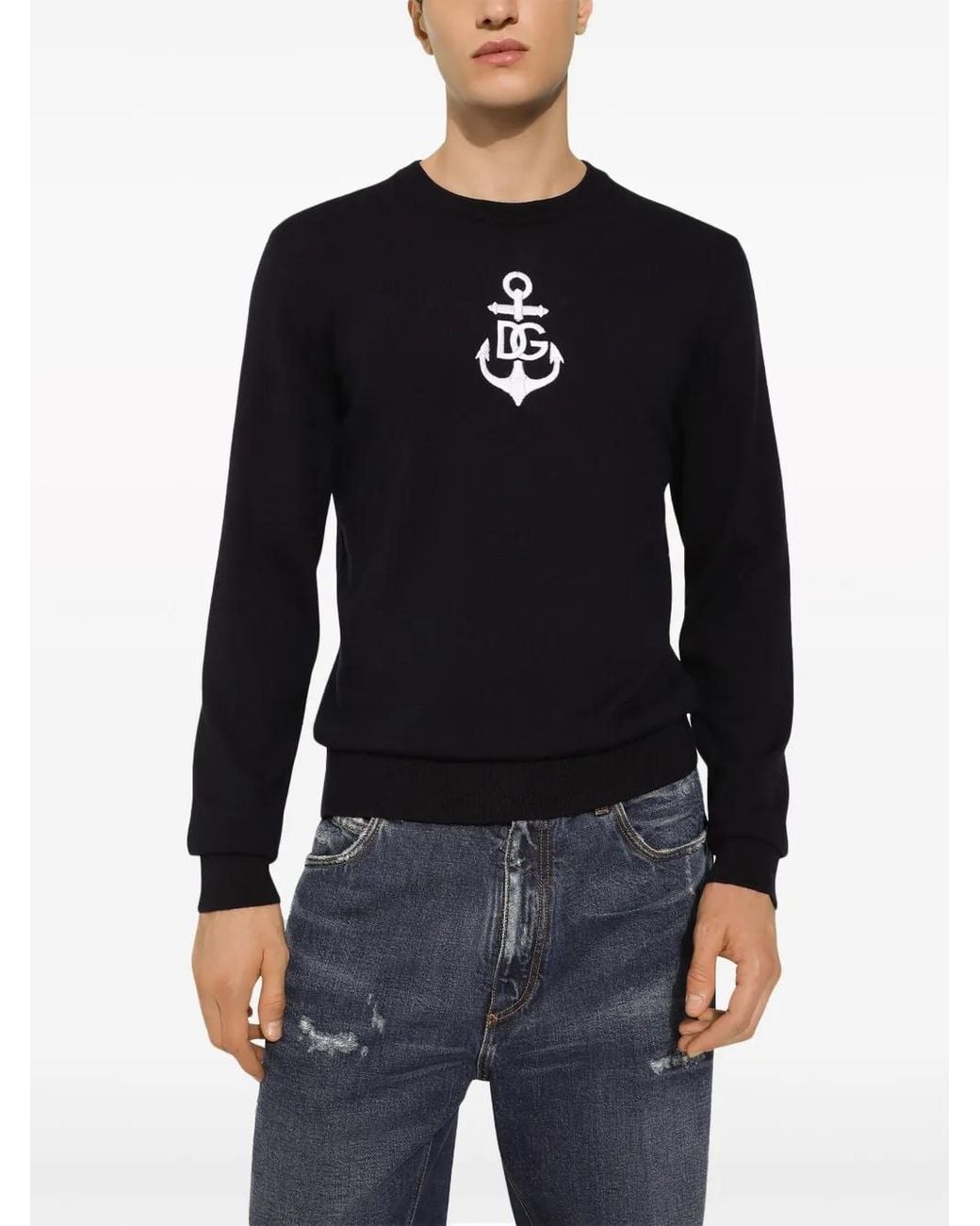 Dolce & Gabbana Black Logo-Embroidered Virgin Wool Jumper for men