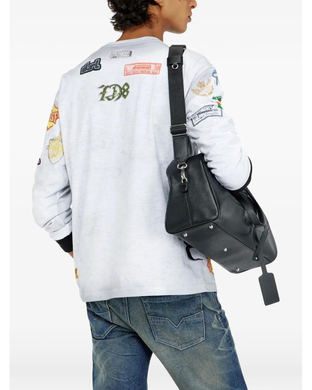 DIESEL White Long-Sleeve T-Shirt With All-Over Patches Print for men