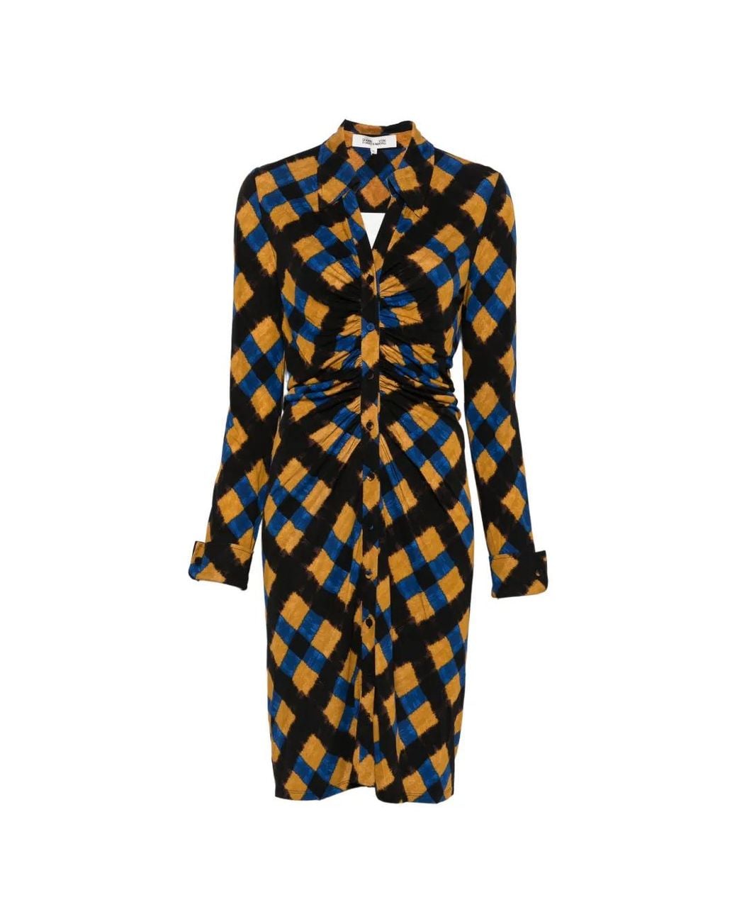 Diane von Furstenberg Black Sheska Ruched Check-Print Dress