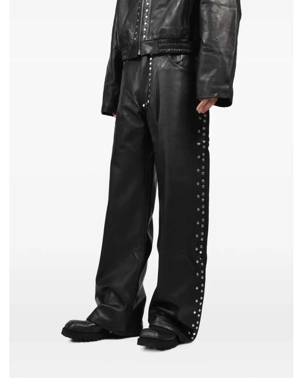 Earthling Collective Black David Stud-Embellished Leather Trousers for men