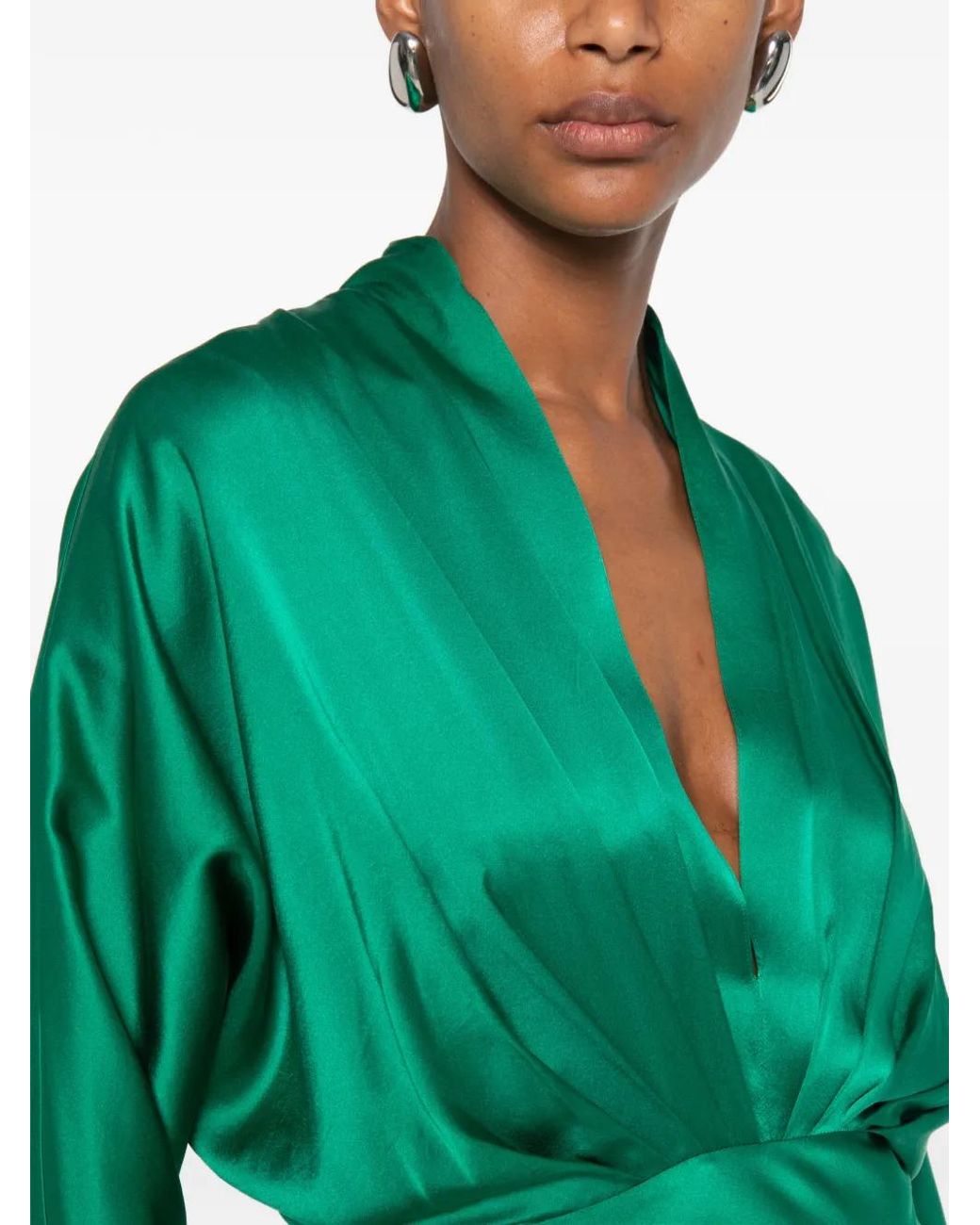 Forte_forte Green Satin-Finish Pleated Dress