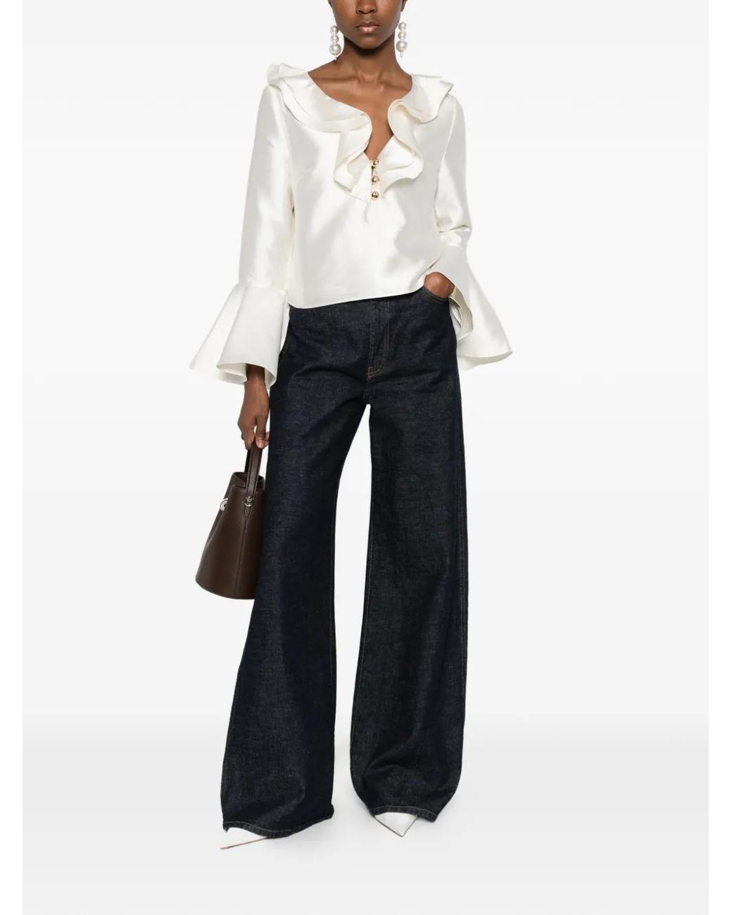 Self-Portrait White Taffeta Ruffled Blouse