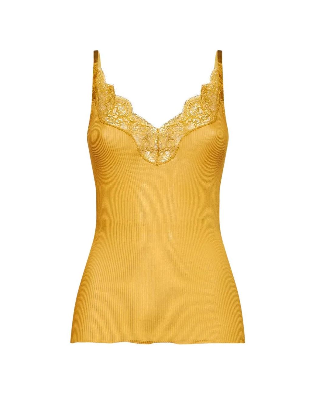 Saint Laurent Yellow Ribbed Silk Jersey Laced Tank Top