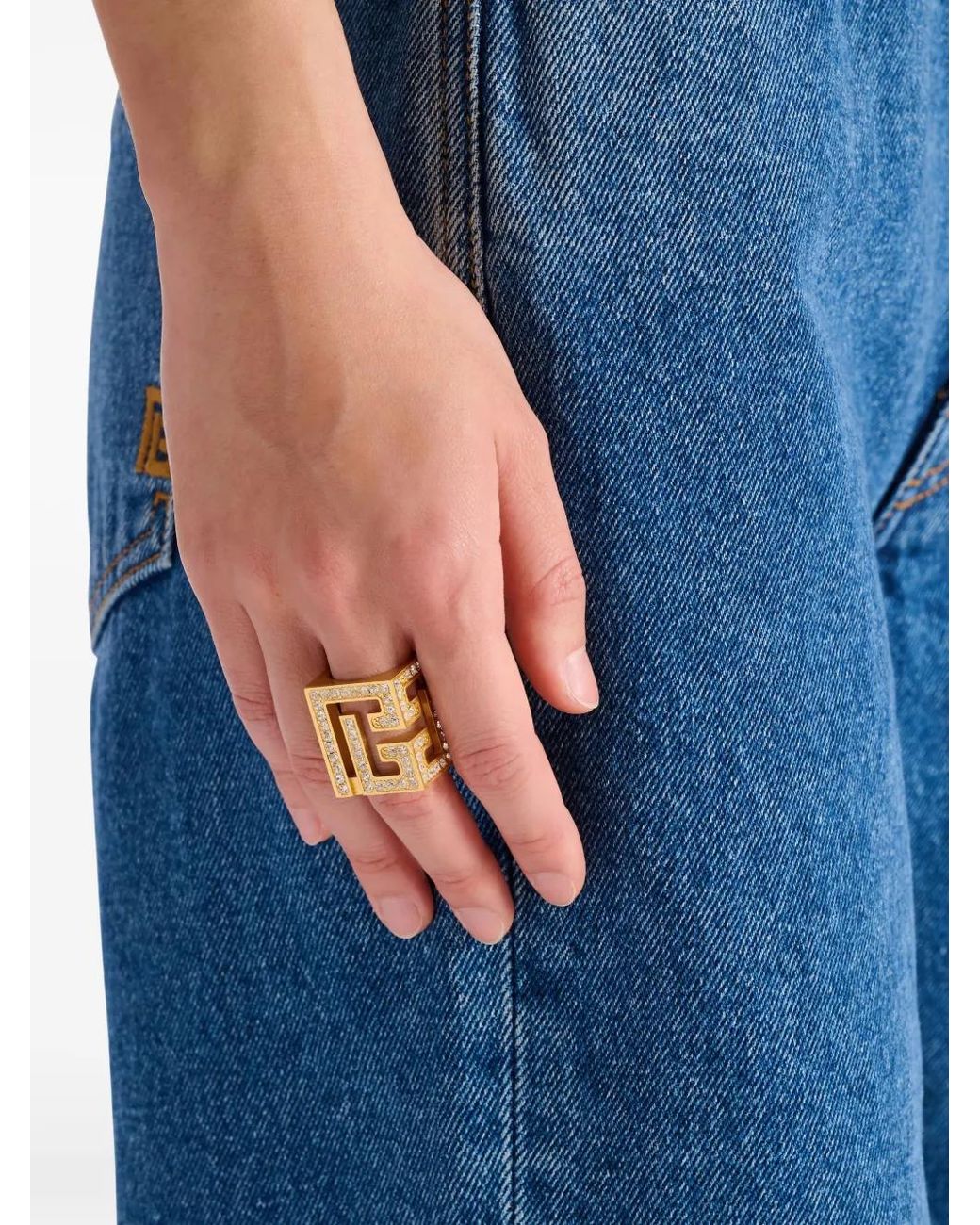 Balmain Metallic Rhinestone Cube Ring