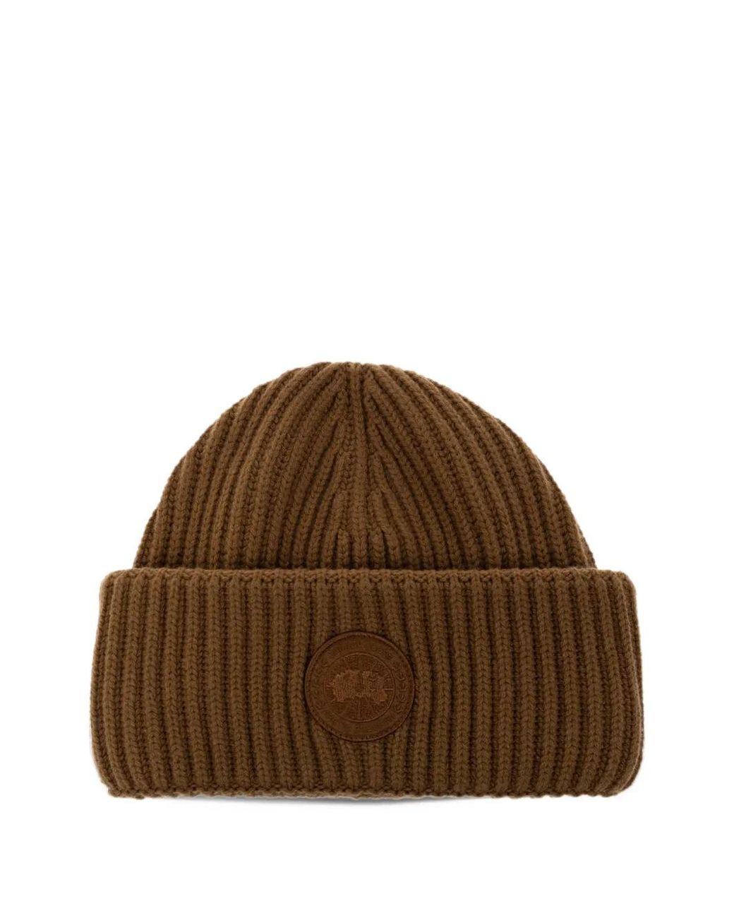 Canada Goose Brown Logo-Patch Ribbed-Knit Beanie Hat