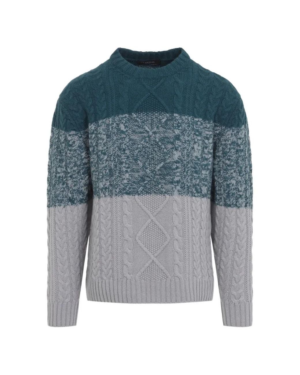 Kiton Blue Cable-Knit Colour-Block Sweater for men