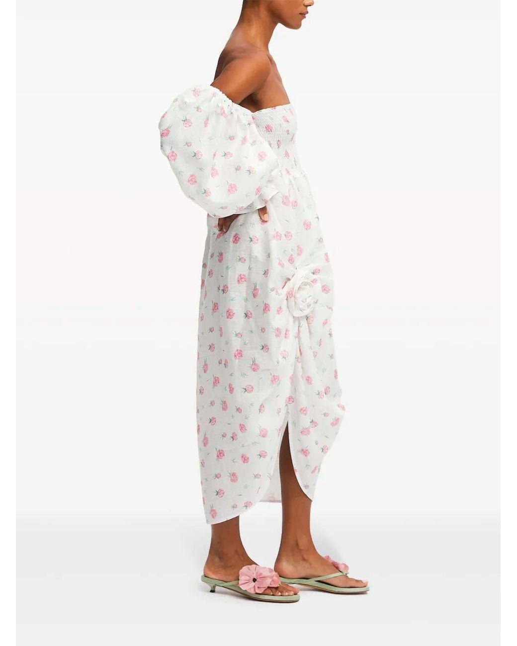 Sleeper White Atlanta Rose-Print Linen Dress