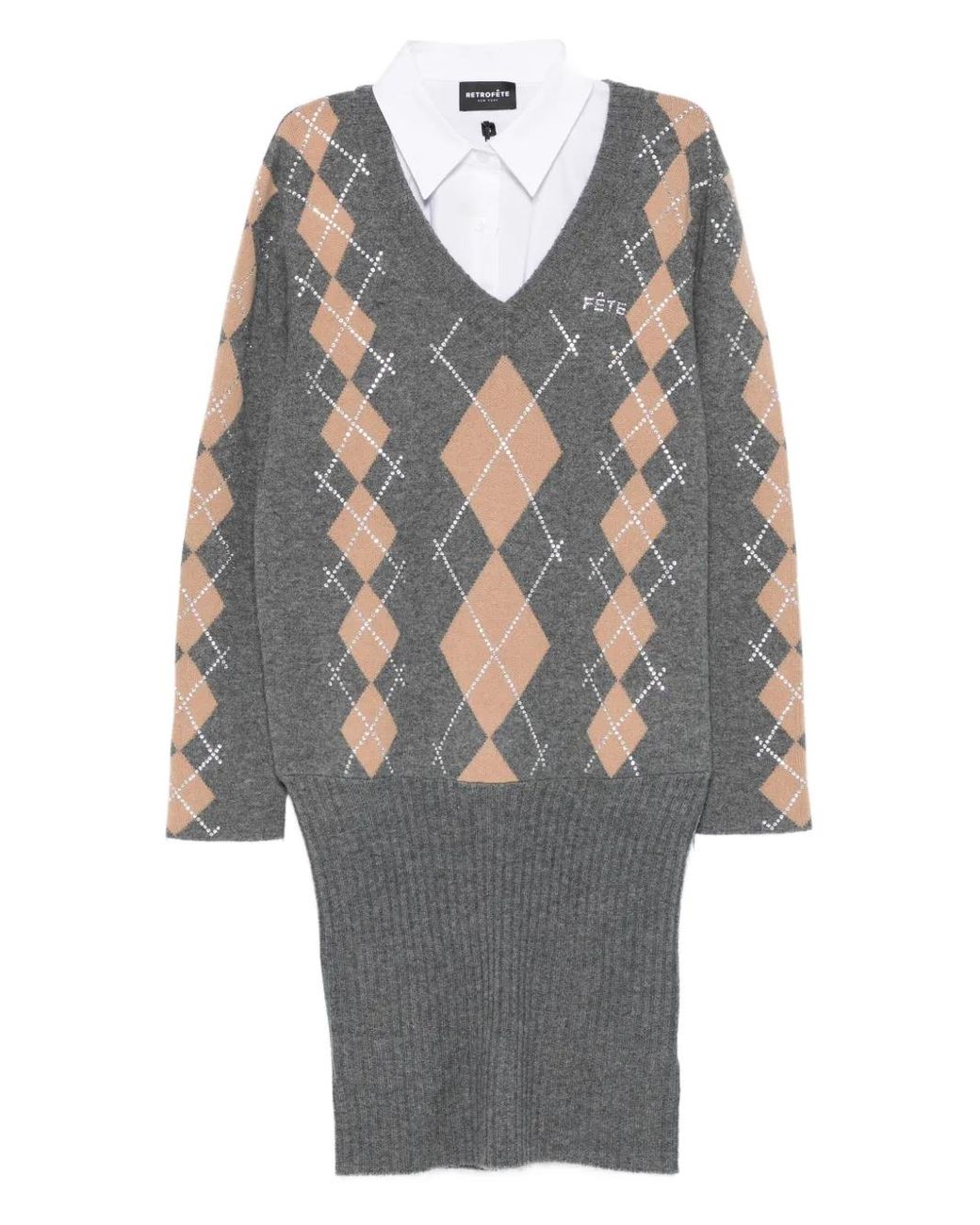 retroféte Gray Ornella Argyle-Pattern Embellished Mini Dress