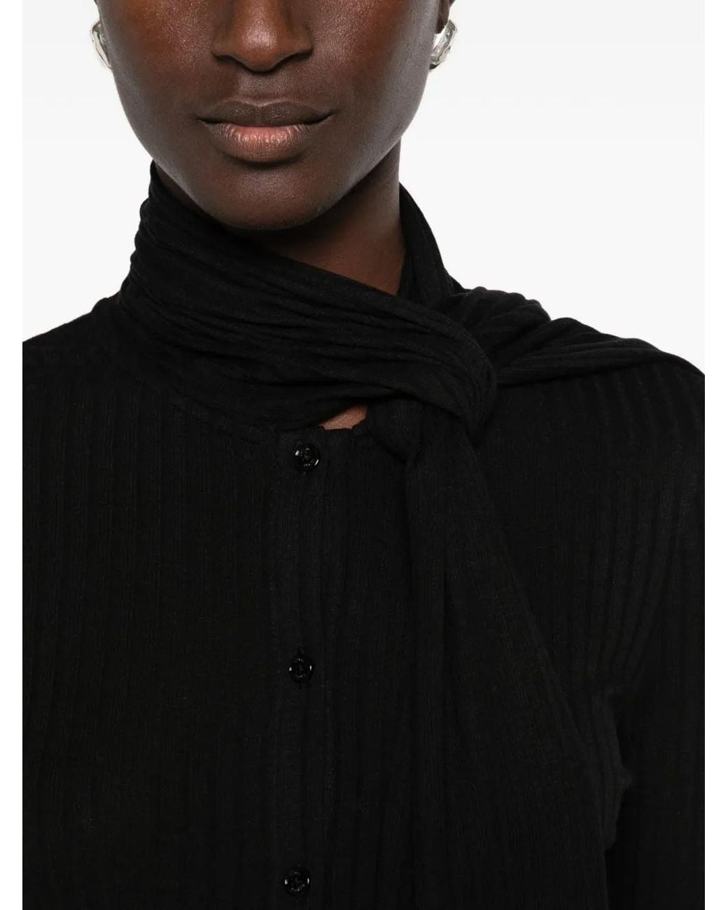 Totême  Black Ribbed Scarf-Detail Cardigan