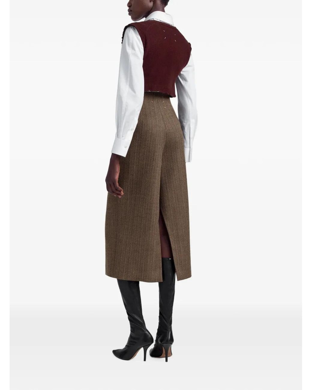 Maison Margiela Brown Herringbone Virgin Wool Midi Skirt