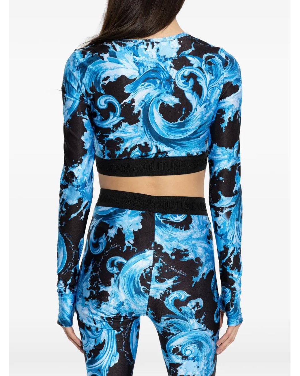 Versace Jeans Couture Blue Printed Long-Sleeves Crop Top