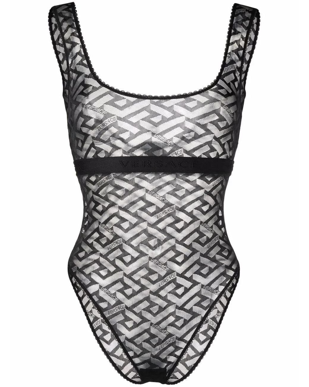 Versace Black La Greca Tulle Bodysuit