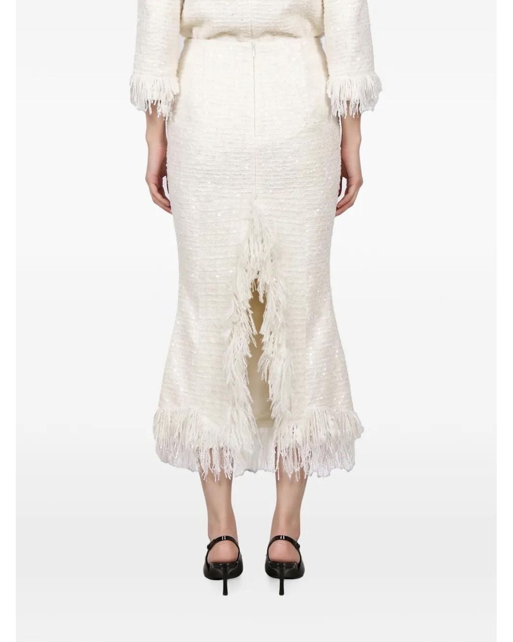 MATIERES FECALES White Sequin-Embellished Fringed Midi Skirt
