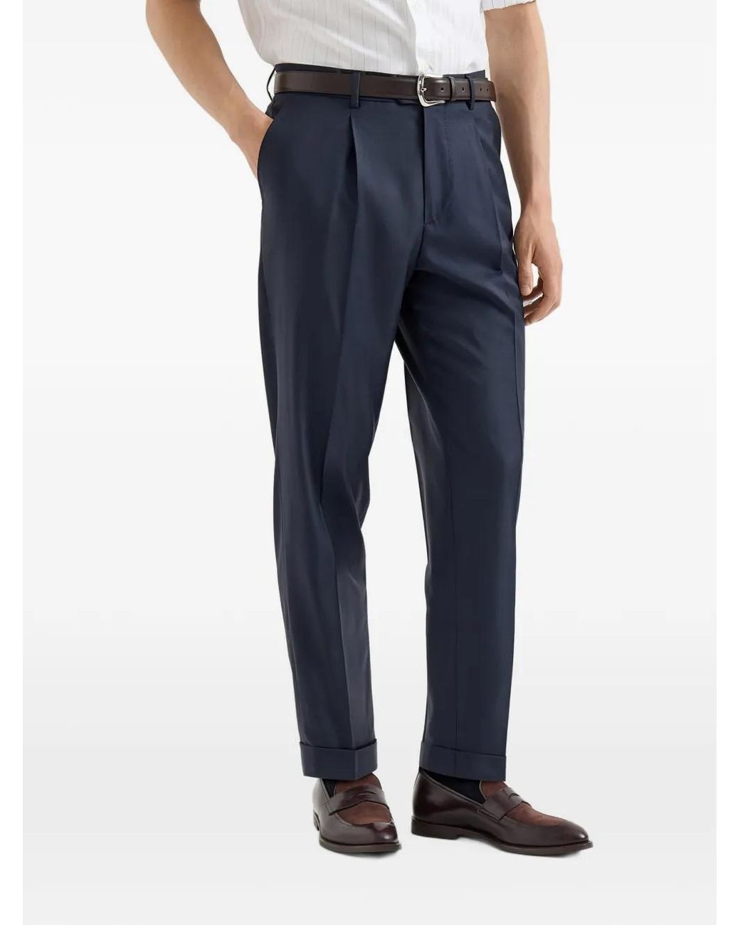 Brunello Cucinelli Blue Super 150S Virgin Wool Four Season Batavia Trousers With Pleat for men