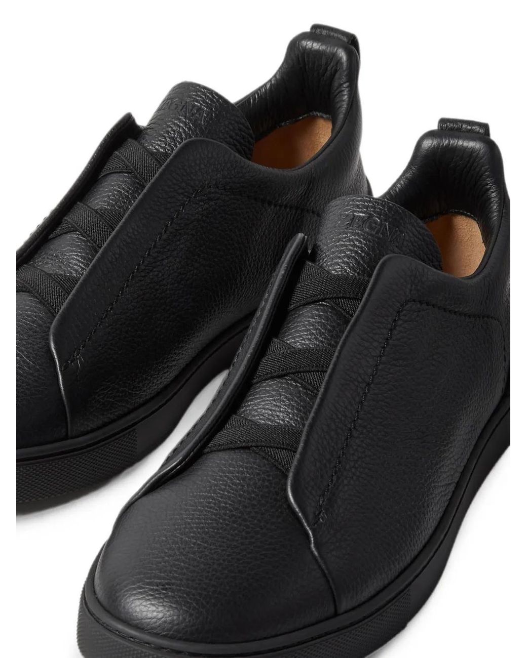 Zegna Black Leather Triple Stitch Sneakers for men