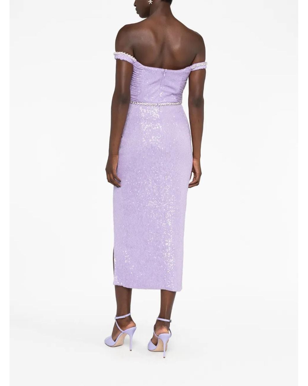 Self-Portrait Purple Sequin Off-shoulder Midi Dress
