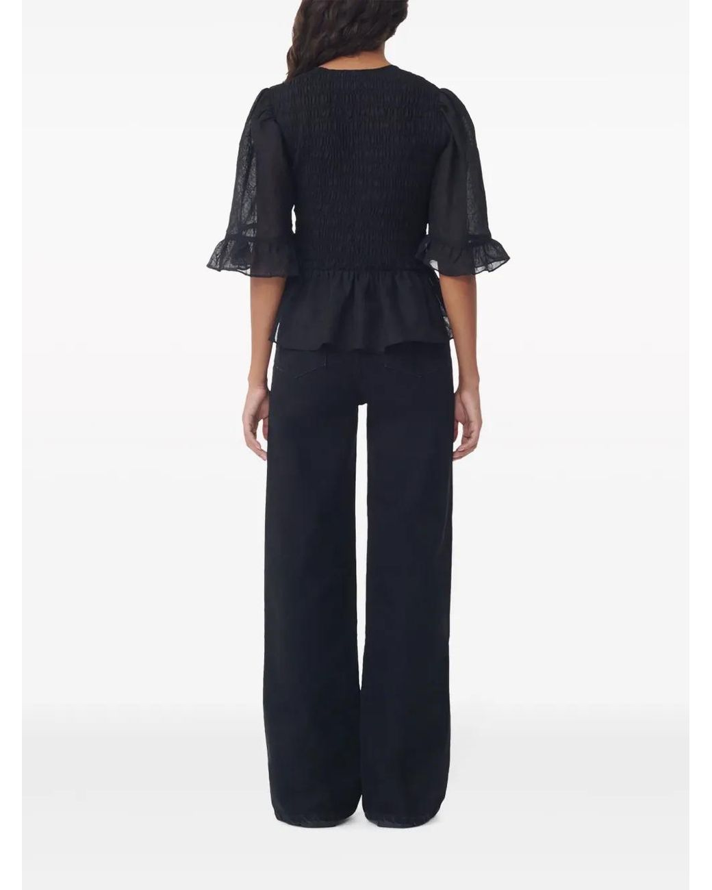Ganni Black Crinkled Georgette Smock Blouse