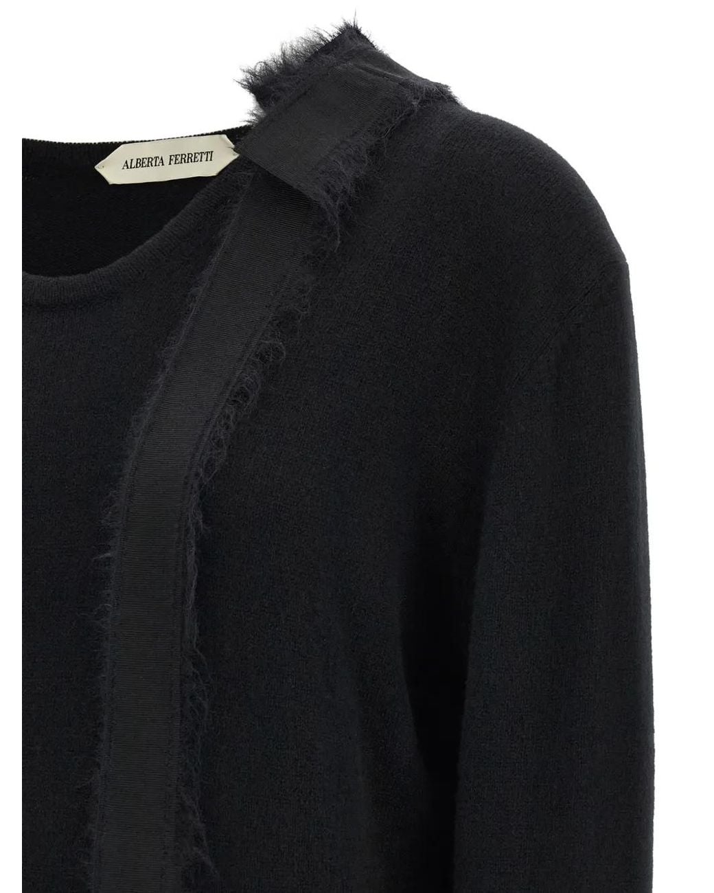 Alberta Ferretti Black Bow-Detail Frayed-Hem Sweater