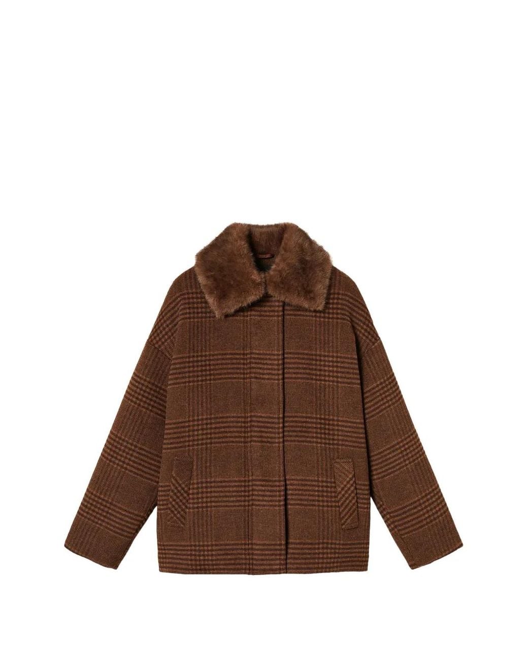 Twinset Brown Wool Cloth Check Caban Coat With Faux Fur