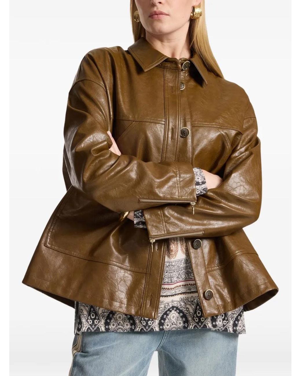 Elena Miro Brown Crinkled Button-Down Jacket