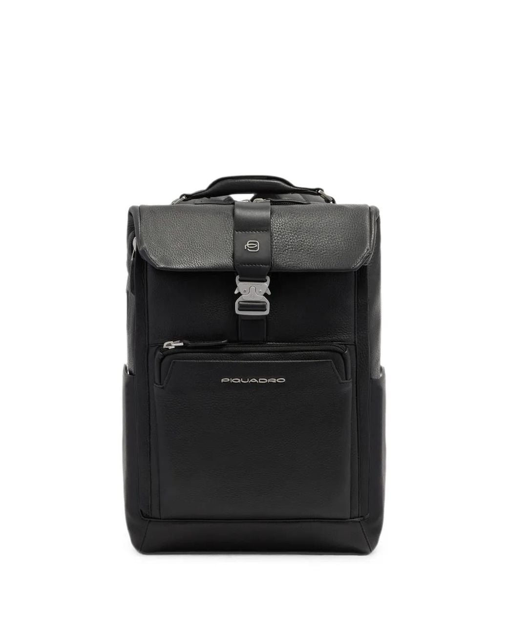 Piquadro Black Buckle-Fastening Pebbled-Leather Backpack for men