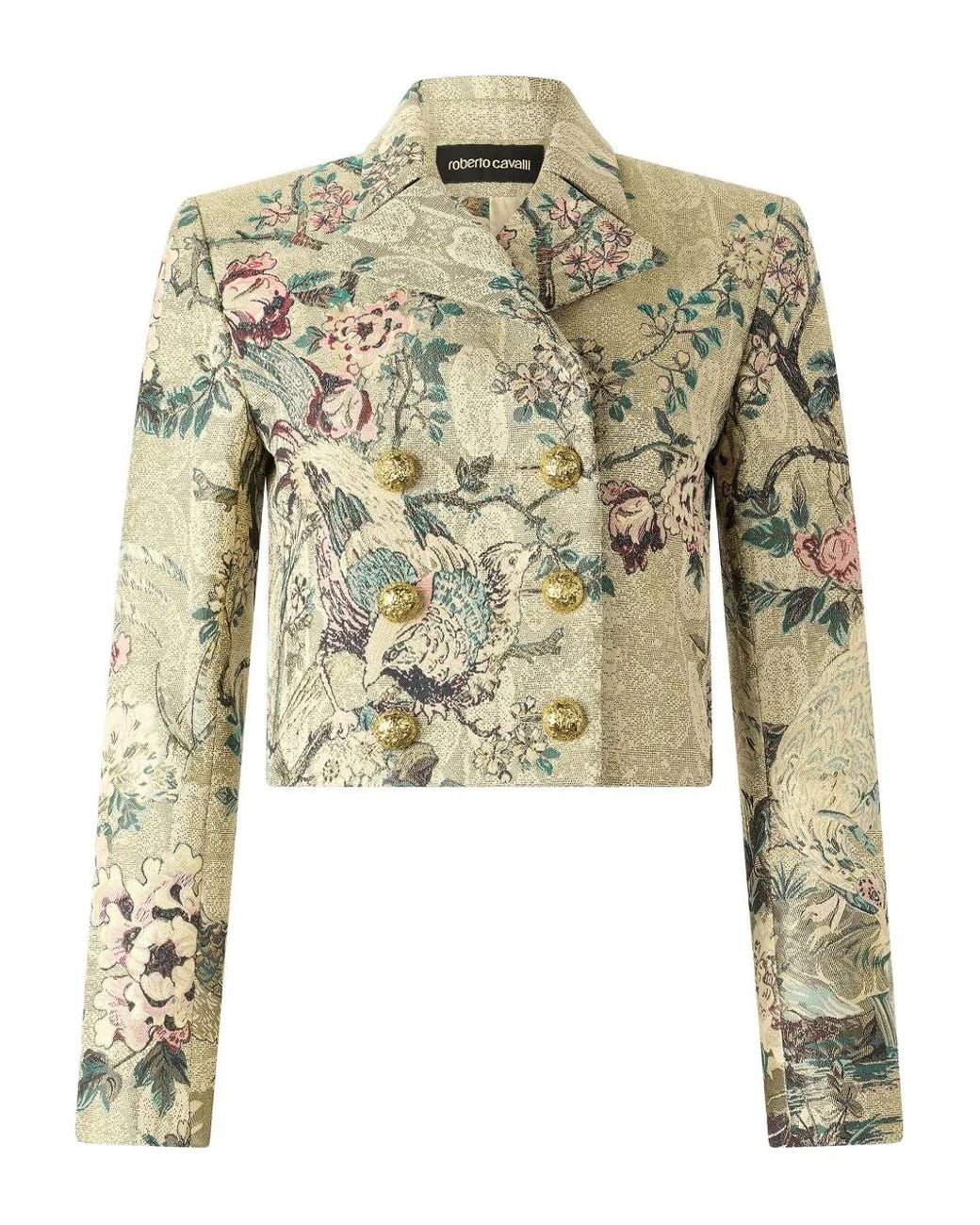 Roberto Cavalli Metallic Pheasant Floral Double-Breasted Jacket