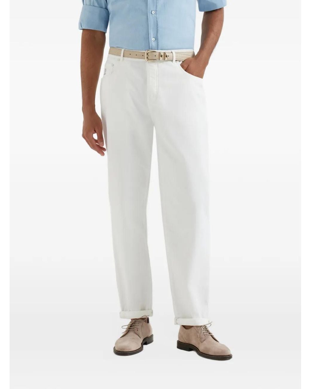 Brunello Cucinelli White Garment-Dyed Five-Pocket Trousers for men