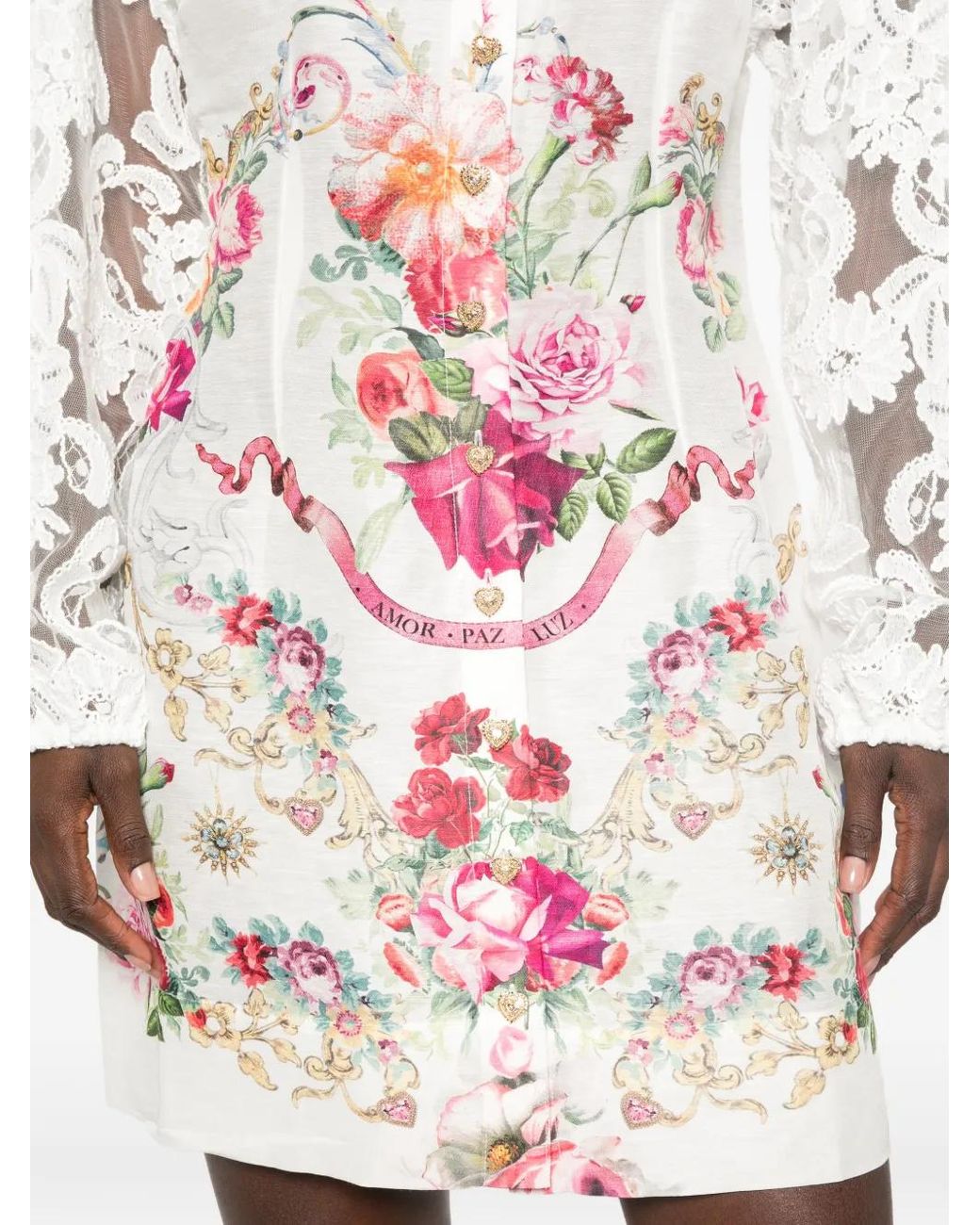 Camilla White Lace-Sleeves Floral-Print Mini Dress