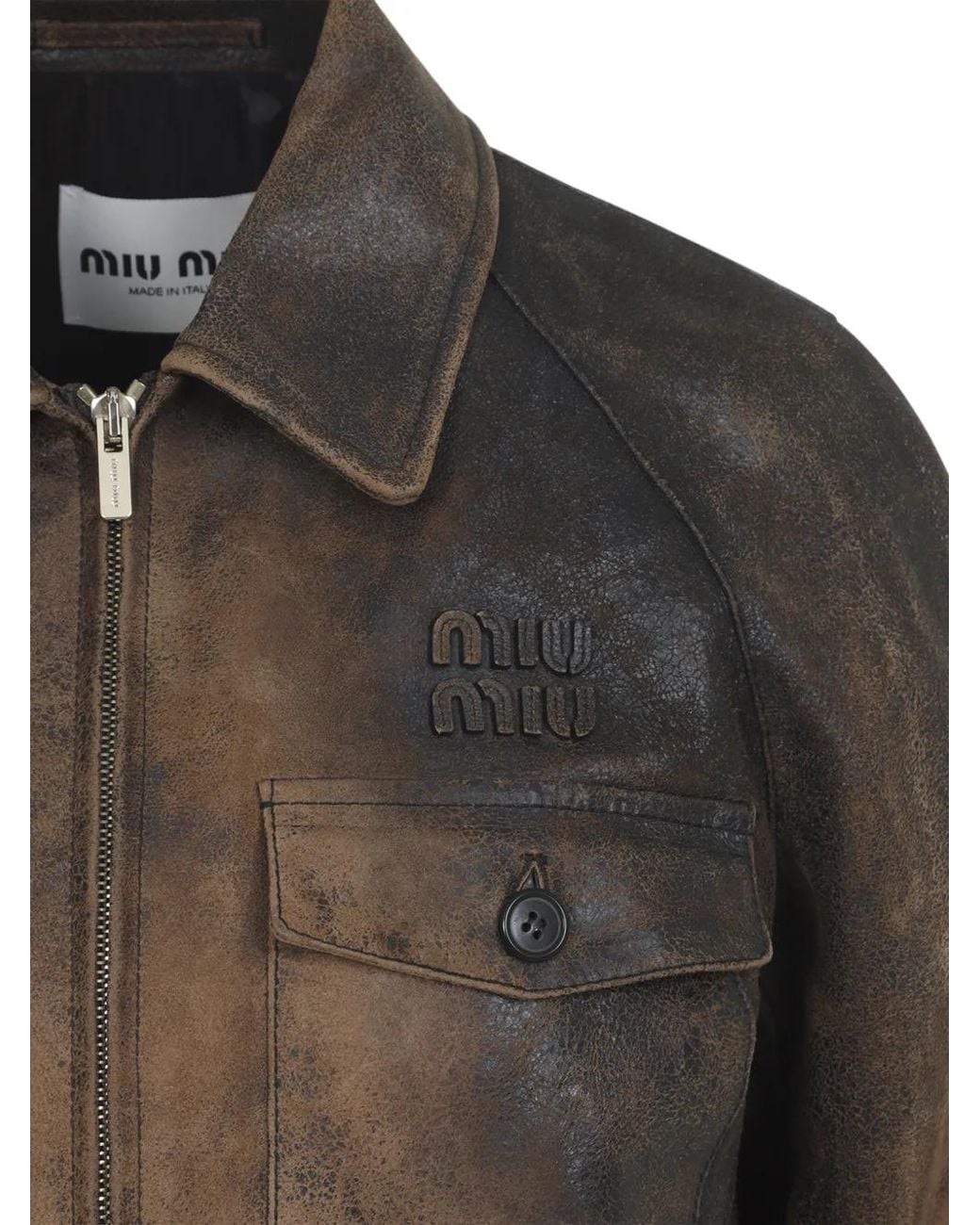 Miu Miu Brown Pocket Logo Leather Jacket