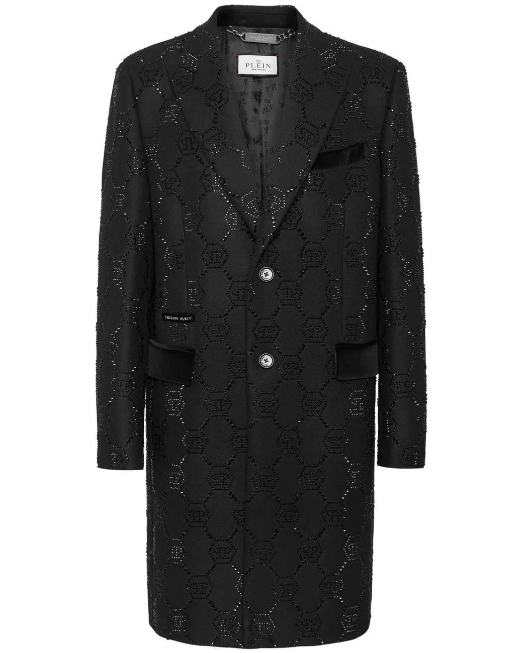 Philipp Plein Black Logo-Embellished Peak-Lapels Single-Breasted Coat for men