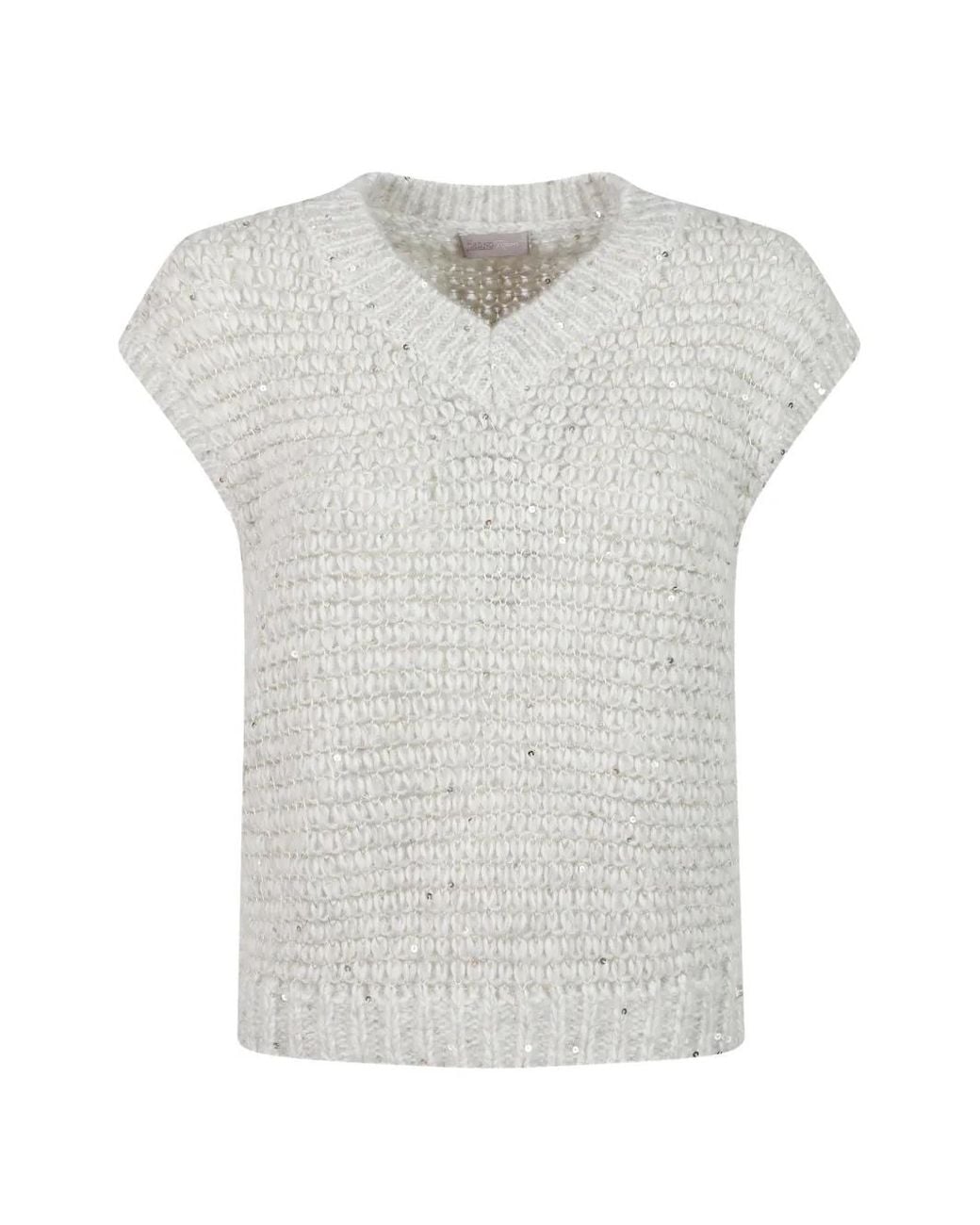 Herno White Sequin-Embellished V-Neck Sweater