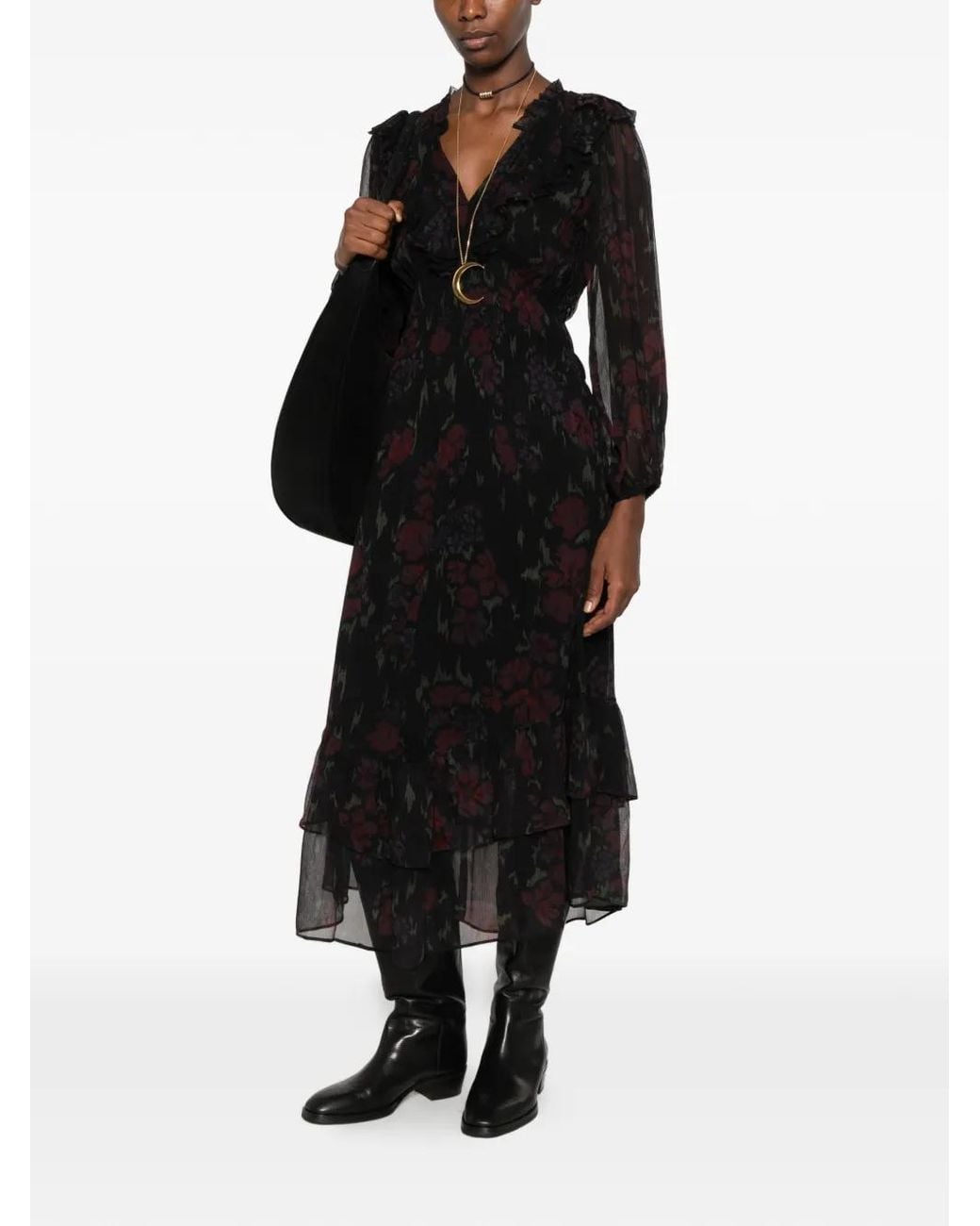 Ba&sh Black Dova Floral-Print Ruffled Midi Dress