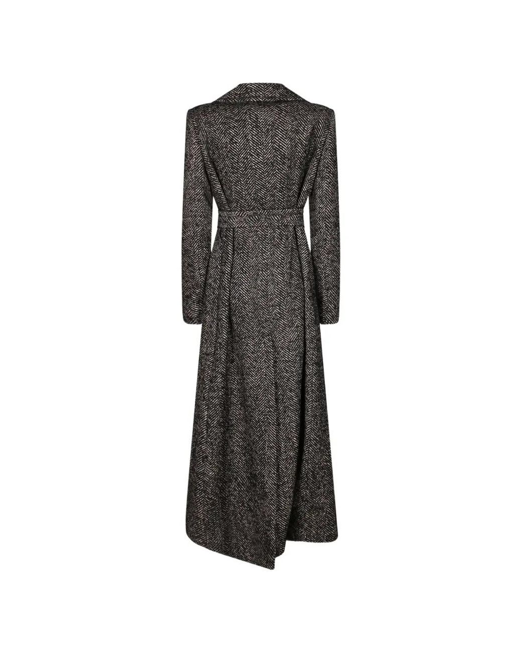 Tagliatore Black Herringbone-Pattern Belted Coat