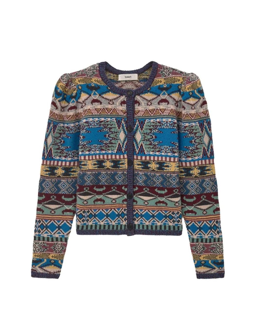 Ba&sh Blue Geometric-Pattern Puff-Sleeve Cardigan