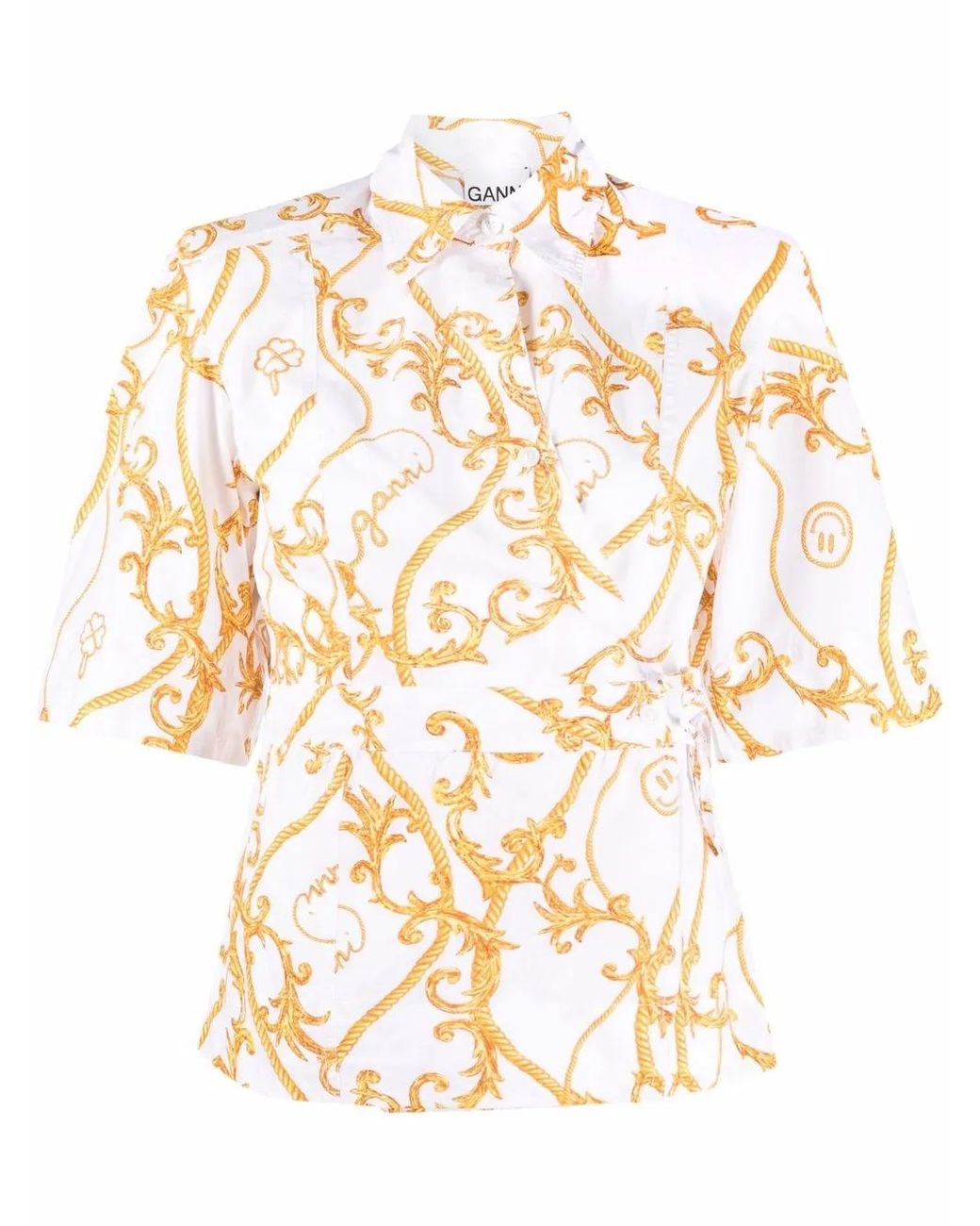 Ganni White Patterned Short-Sleeved Shirt