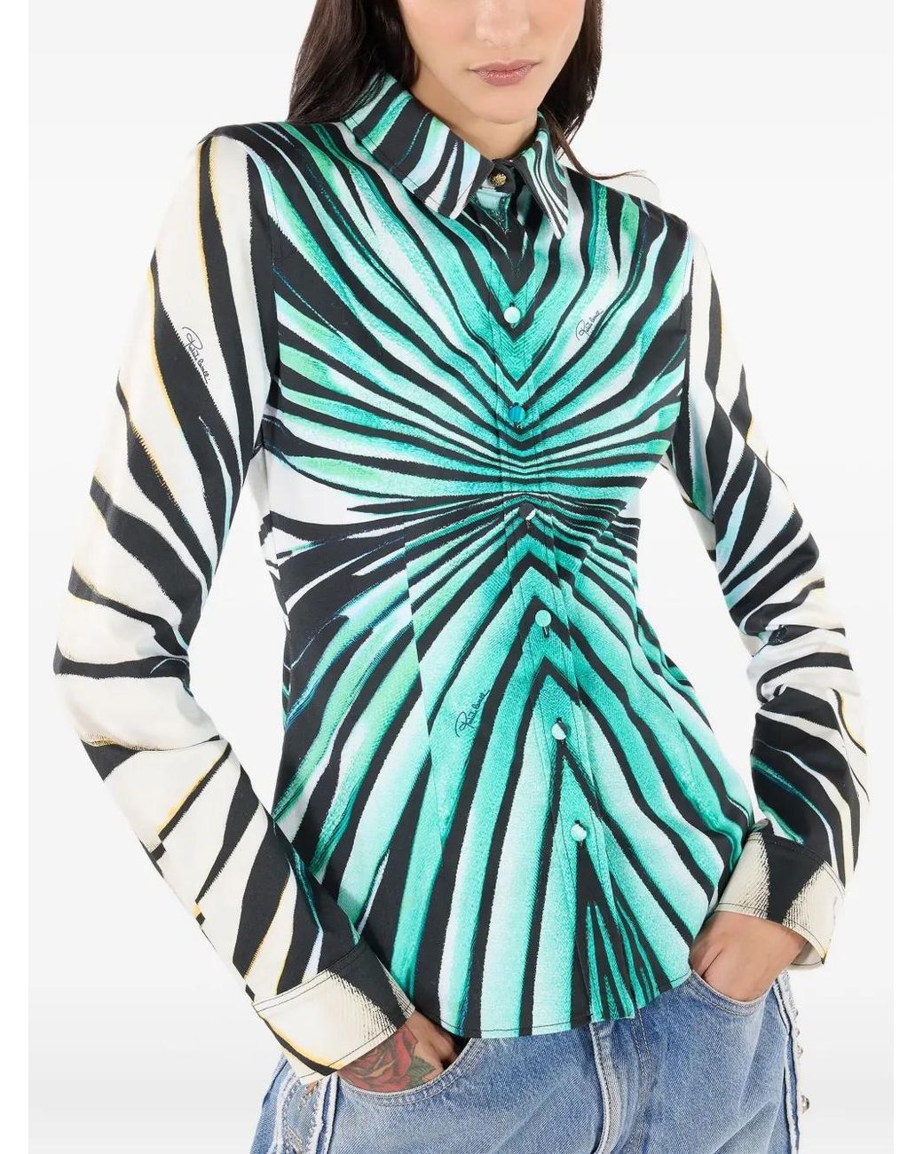 Roberto Cavalli Green Printed Button-Up Shirt