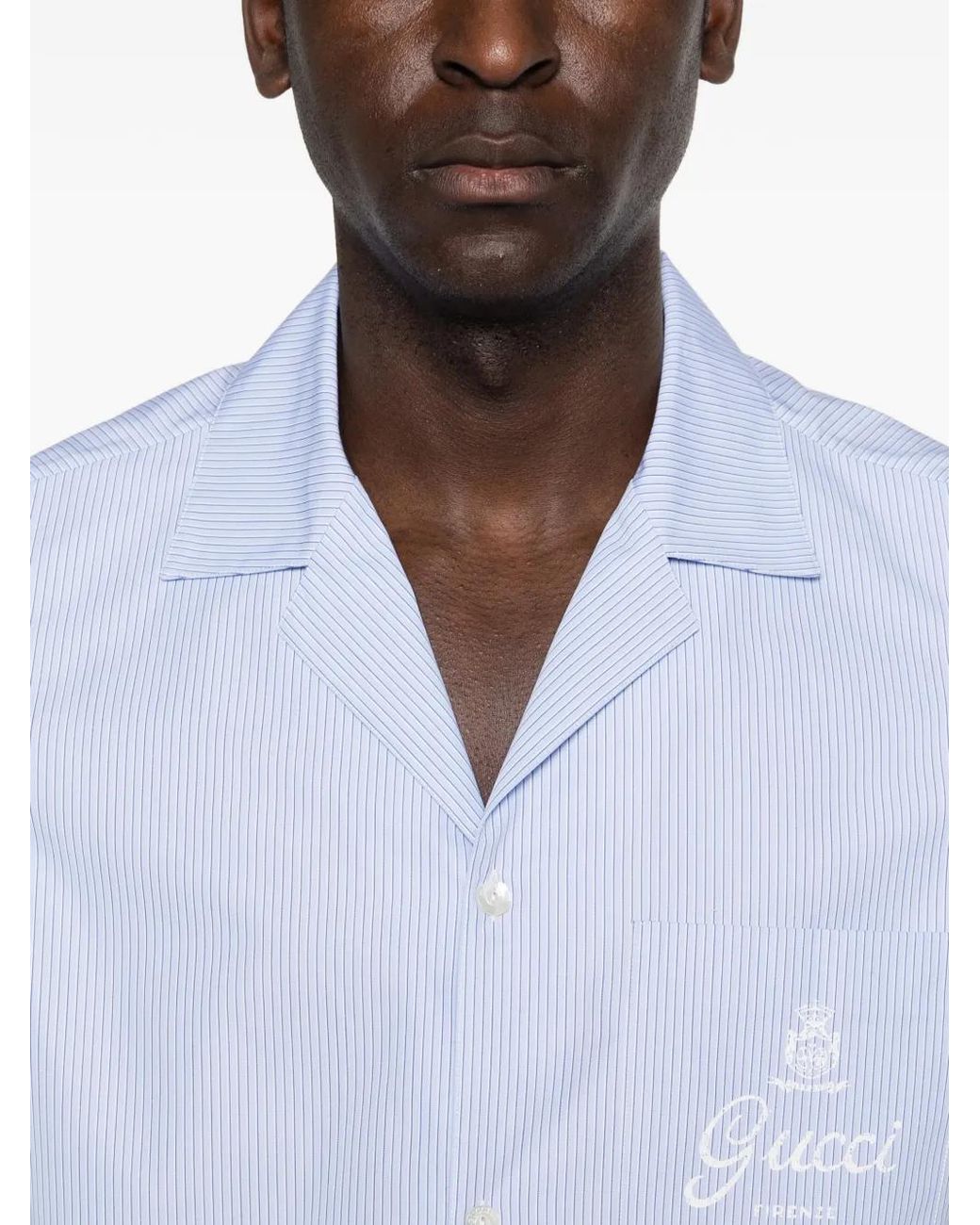 Gucci Blue Thin Striped Cotton Poplin Bowling Shirt for men