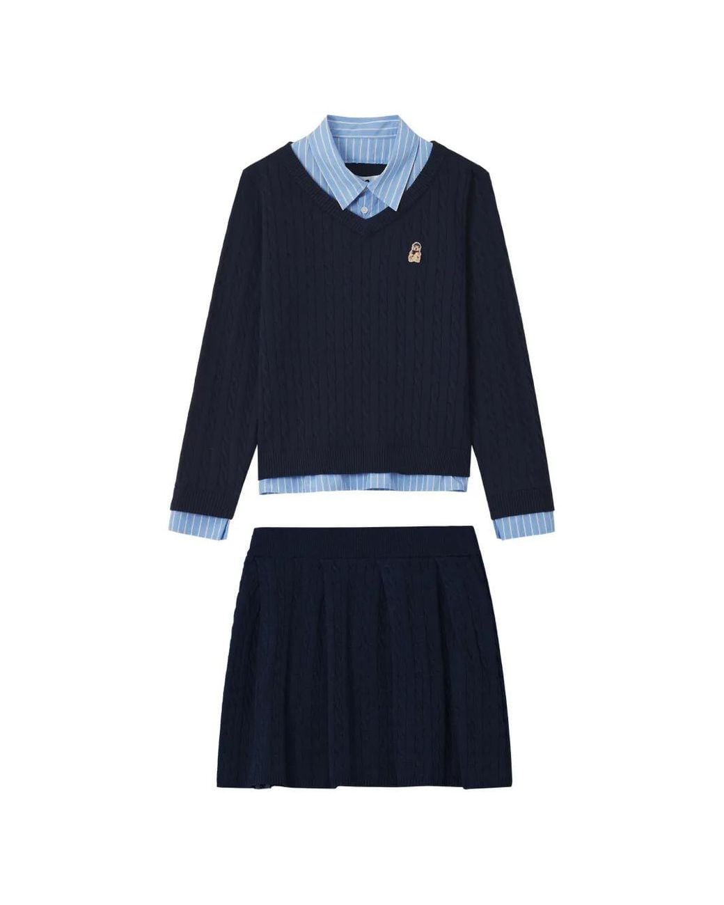 Chocoolate Blue Ensemble Pull-Jupe Plissée En Maille Torsadée