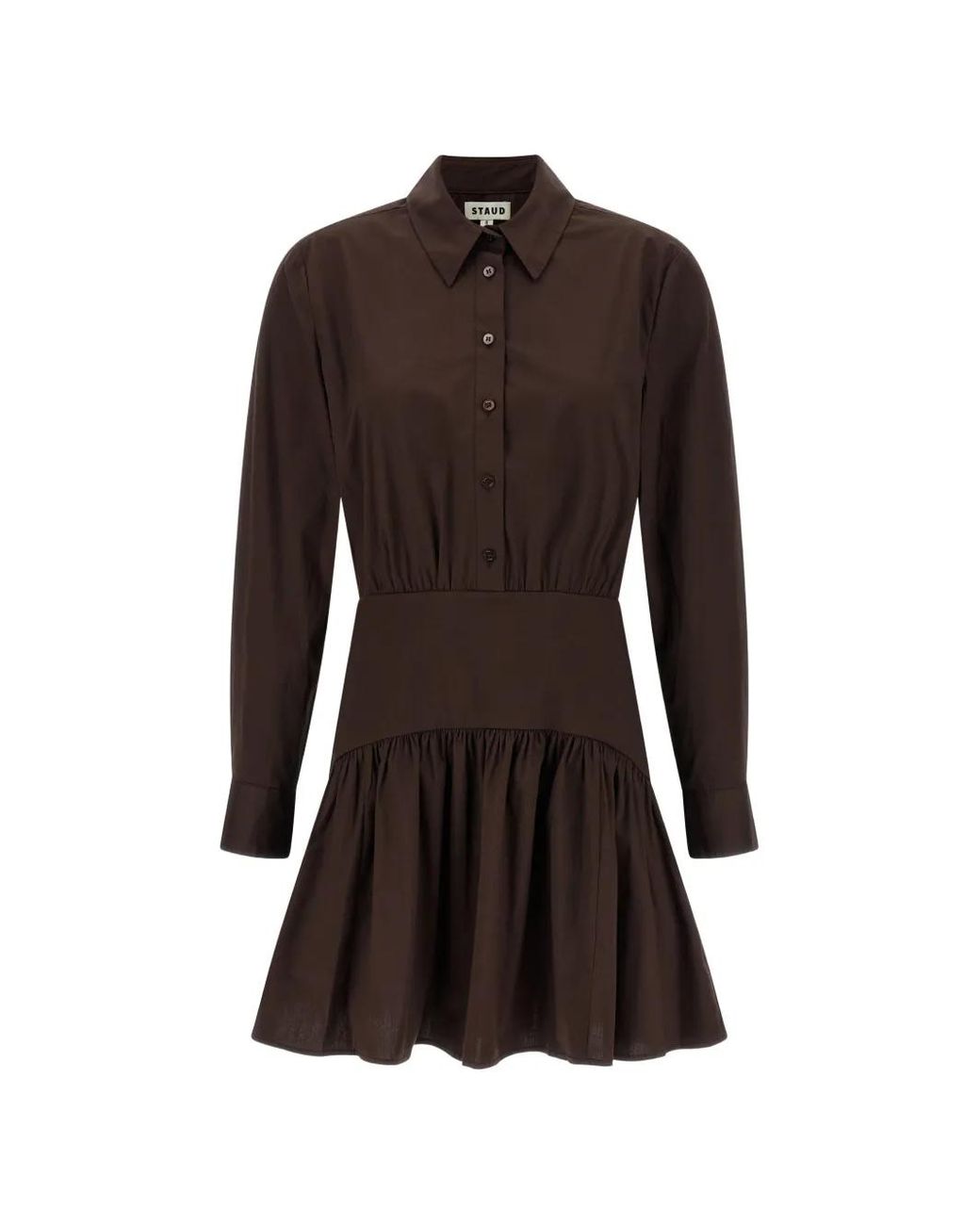 Staud Brown Rocco Button Long-Sleeve Midi Dress