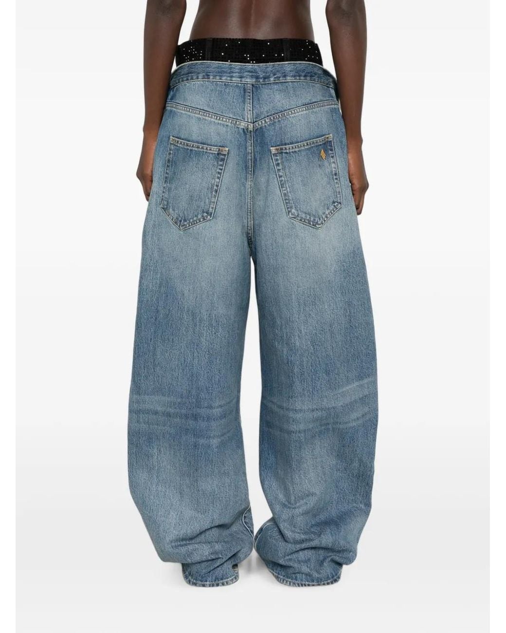 The Attico Blue Rhinestone-Embellished Layered-Waistband Jeans