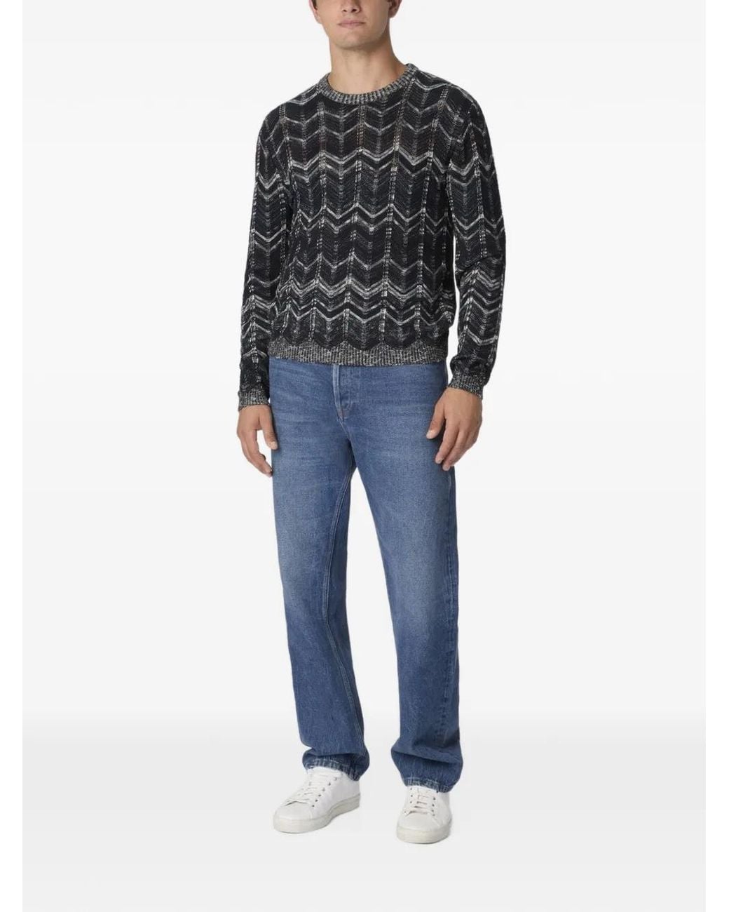 Missoni Black Crew-Neck Cotton Chevron Pullover With Ribbed Trims for men