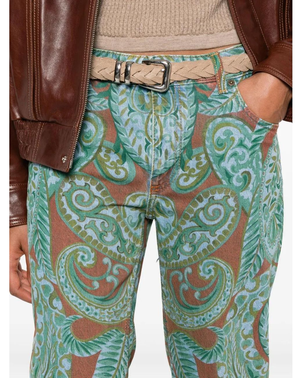 Etro Green Paisley-Print Straight-Leg Jeans