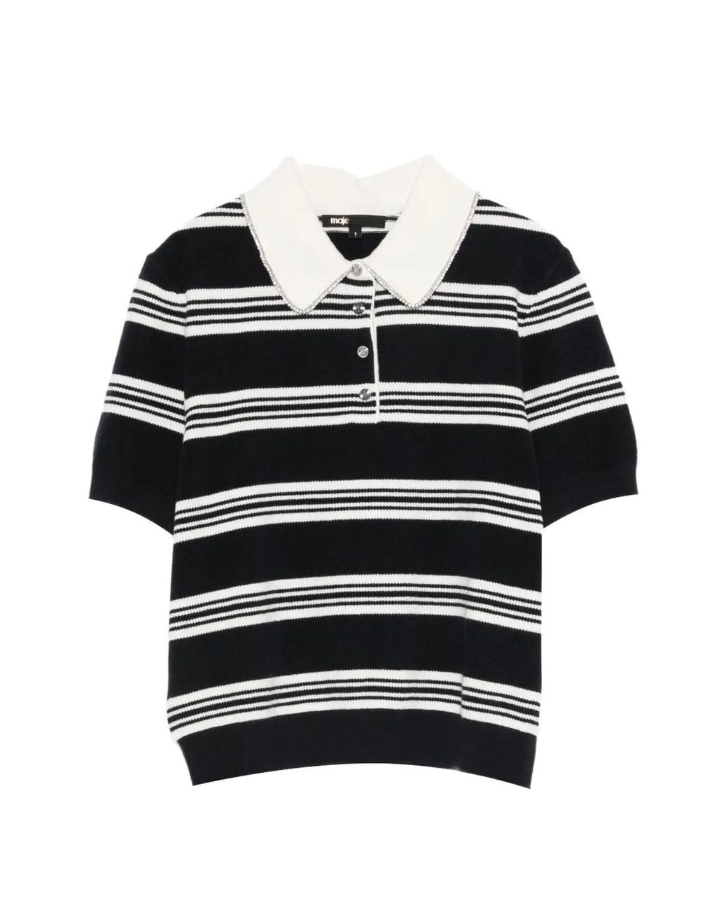 Maje Black Striped Polo With Rhinestone Collar