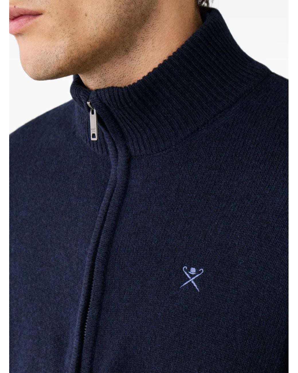 Hackett Blue Zip-Up Lambswool Cardigan for men